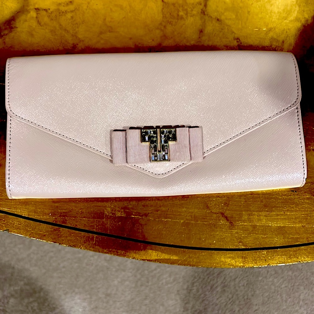 Tory Burch evening clutch bag, tan-pink leather.